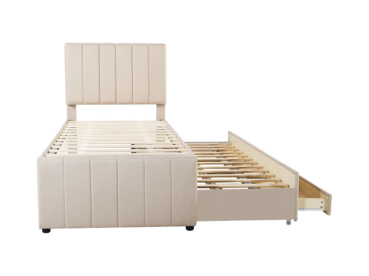 Cama infantil acolchada 90x200 cm con cama nido 90x190 cm con cajones de almacenamiento, en lino, sin colchón, beige