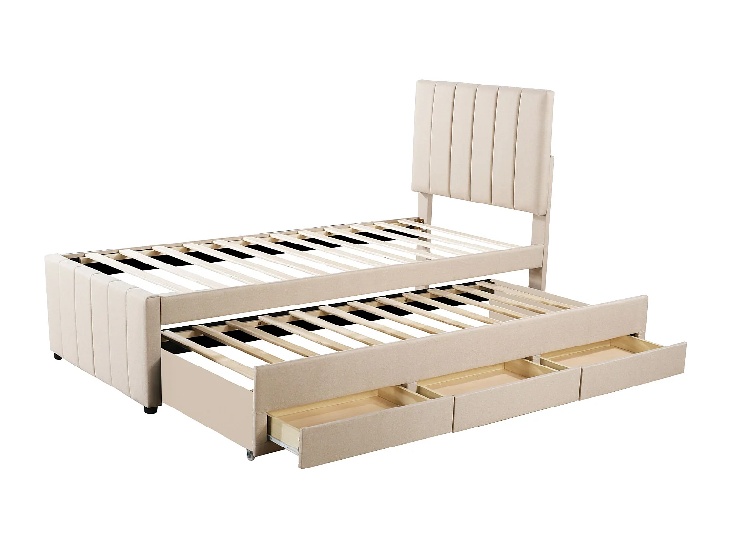 Lit enfant rembourré 90x200 cm avec lit gigogne 90x190cm avec tiroirs de rangement, en lin, sans matelas, beige
