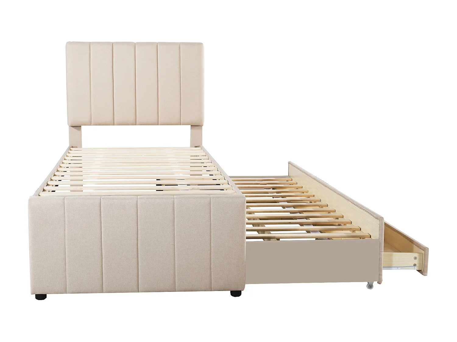 Lit enfant rembourré 90x200 cm avec lit gigogne 90x190cm avec tiroirs de rangement, en lin, sans matelas, beige