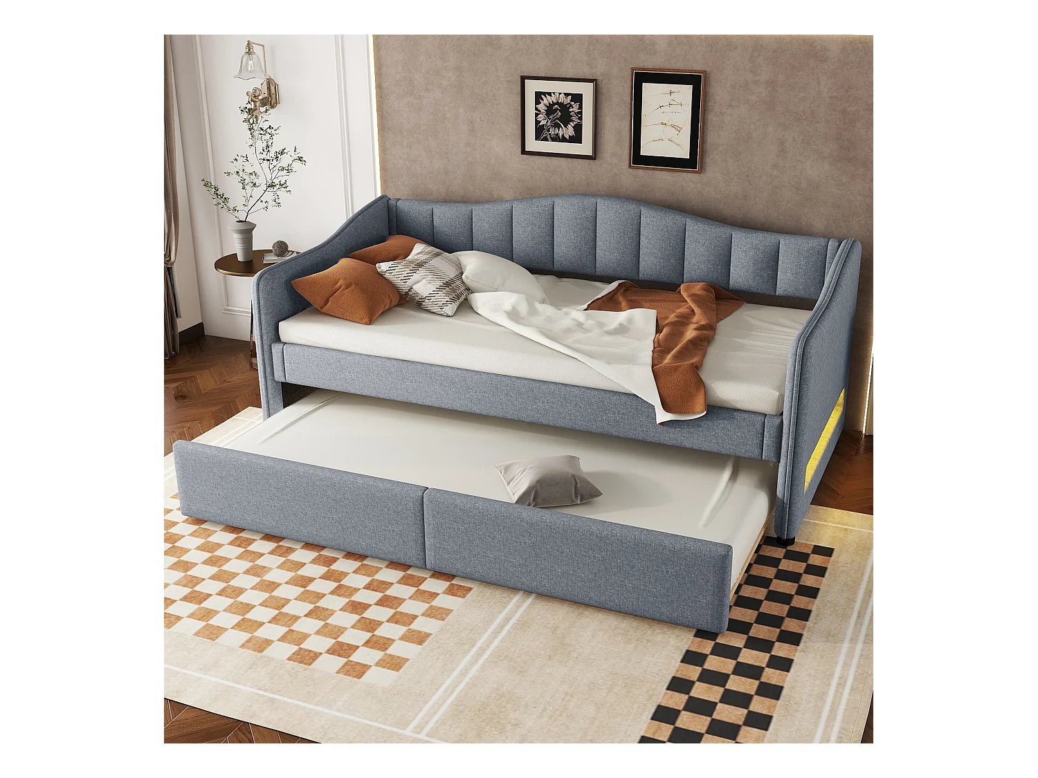 Lit enfant 90x200 cm gris avec LED, lit adulte en lin avec lit gigogne, sans matelas