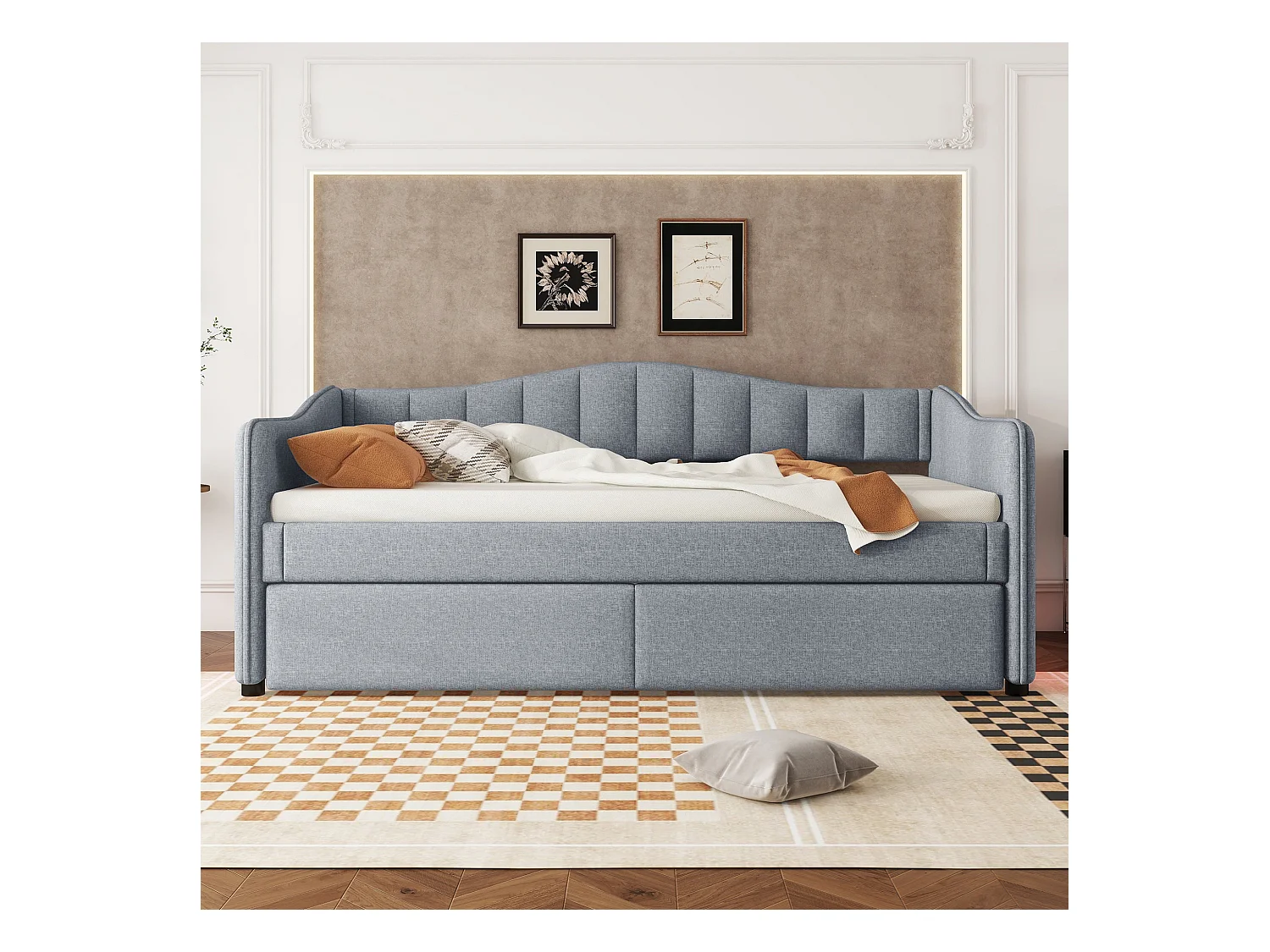 Lit enfant 90x200 cm gris avec LED, lit adulte en lin avec lit gigogne, sans matelas