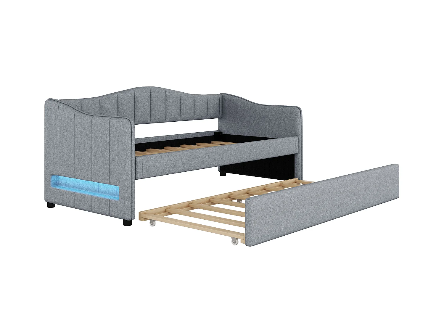 Lit enfant 90x200 cm gris avec LED, lit adulte en lin avec lit gigogne, sans matelas