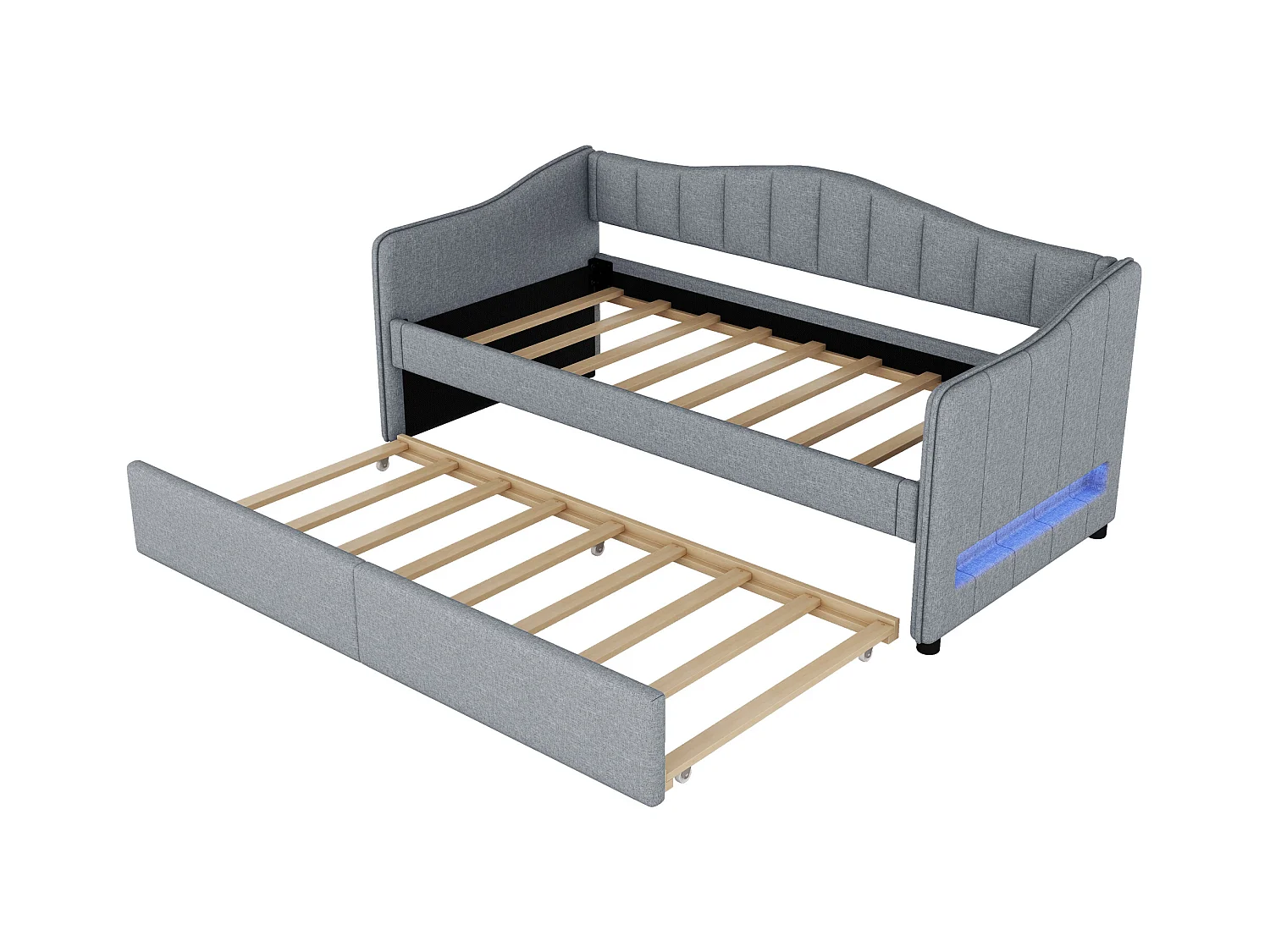 Lit enfant 90x200 cm gris avec LED, lit adulte en lin avec lit gigogne, sans matelas