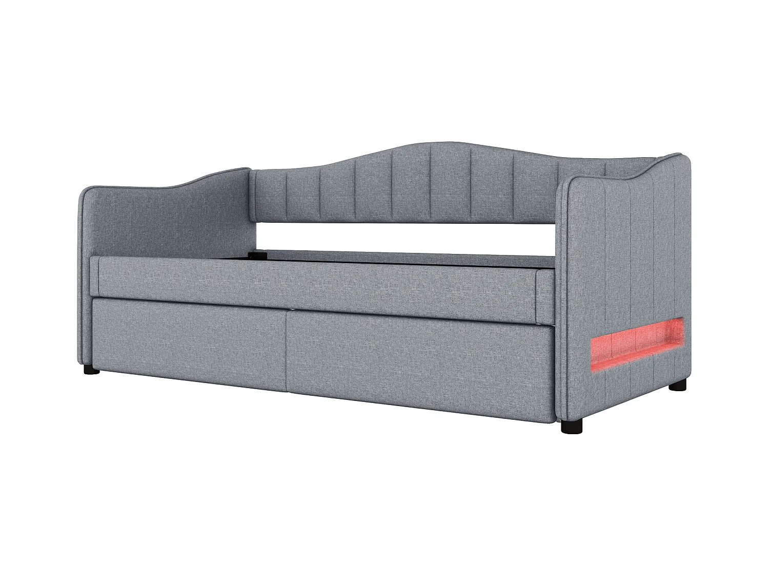 Lit enfant 90x200 cm gris avec LED, lit adulte en lin avec lit gigogne, sans matelas