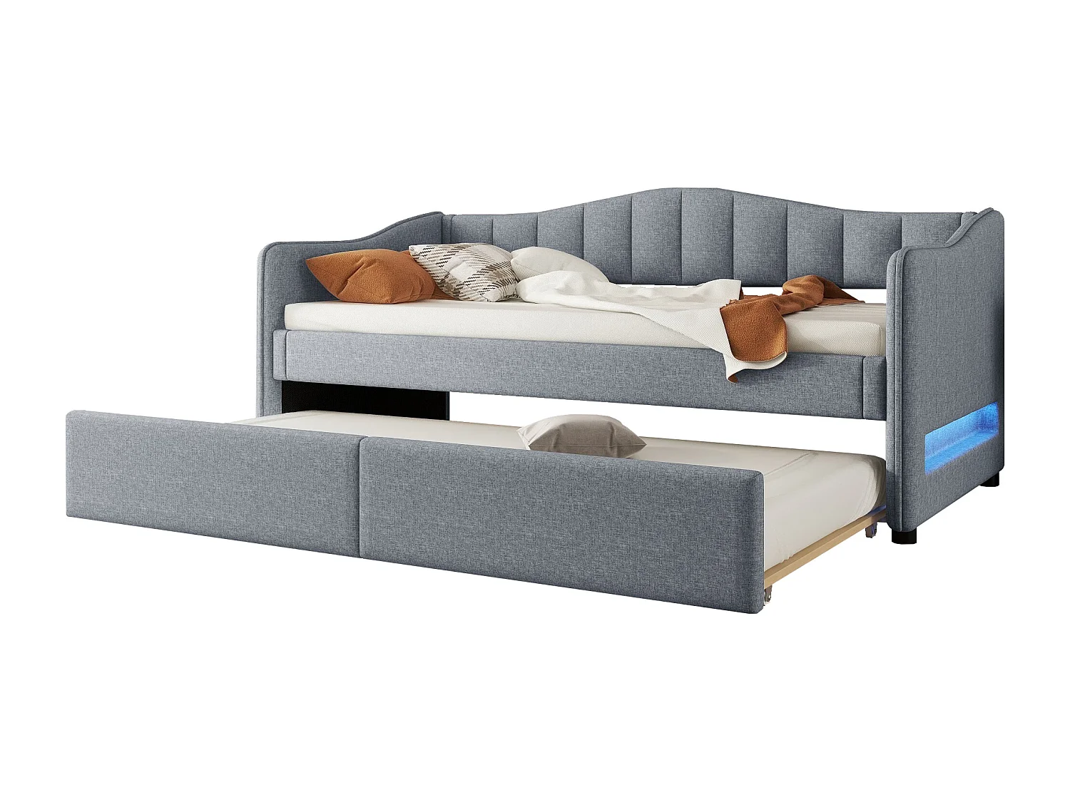 Cama infantil cinza 90x200 cm com luzes LED integradas, Cama de adulto de linho com cama nido, sem colchão