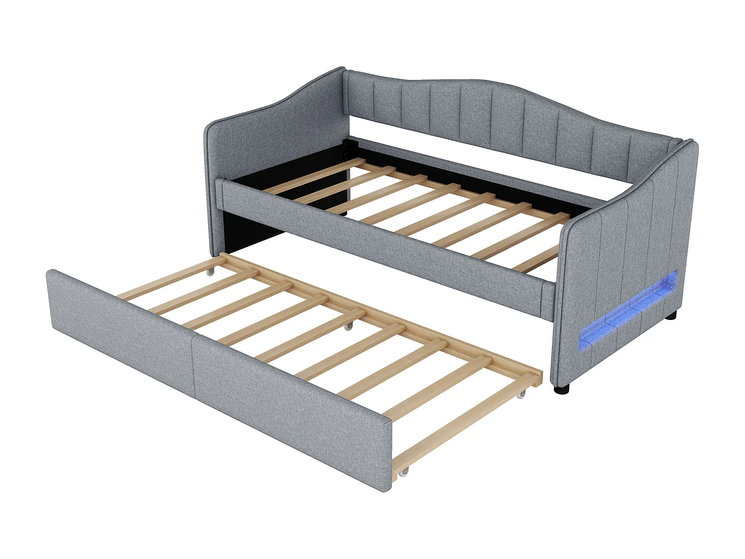Cama infantil cinza 90x200 cm com luzes LED integradas, Cama de adulto de linho com cama nido, sem colchão