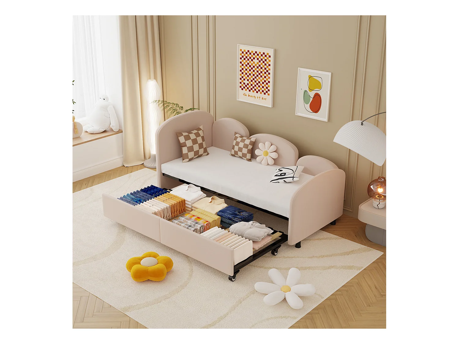 Kinderbed 90x200 cm met uitschuifbed in fluweel, lattenbodem, zonder matras, lichtroze