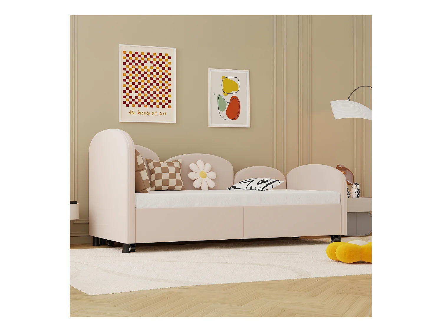 Kinderbed 90x200 cm met uitschuifbed in fluweel, lattenbodem, zonder matras, lichtroze