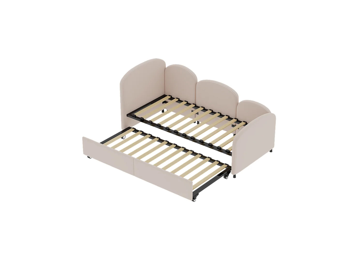 Kinderbed 90x200 cm met uitschuifbed in fluweel, lattenbodem, zonder matras, lichtroze