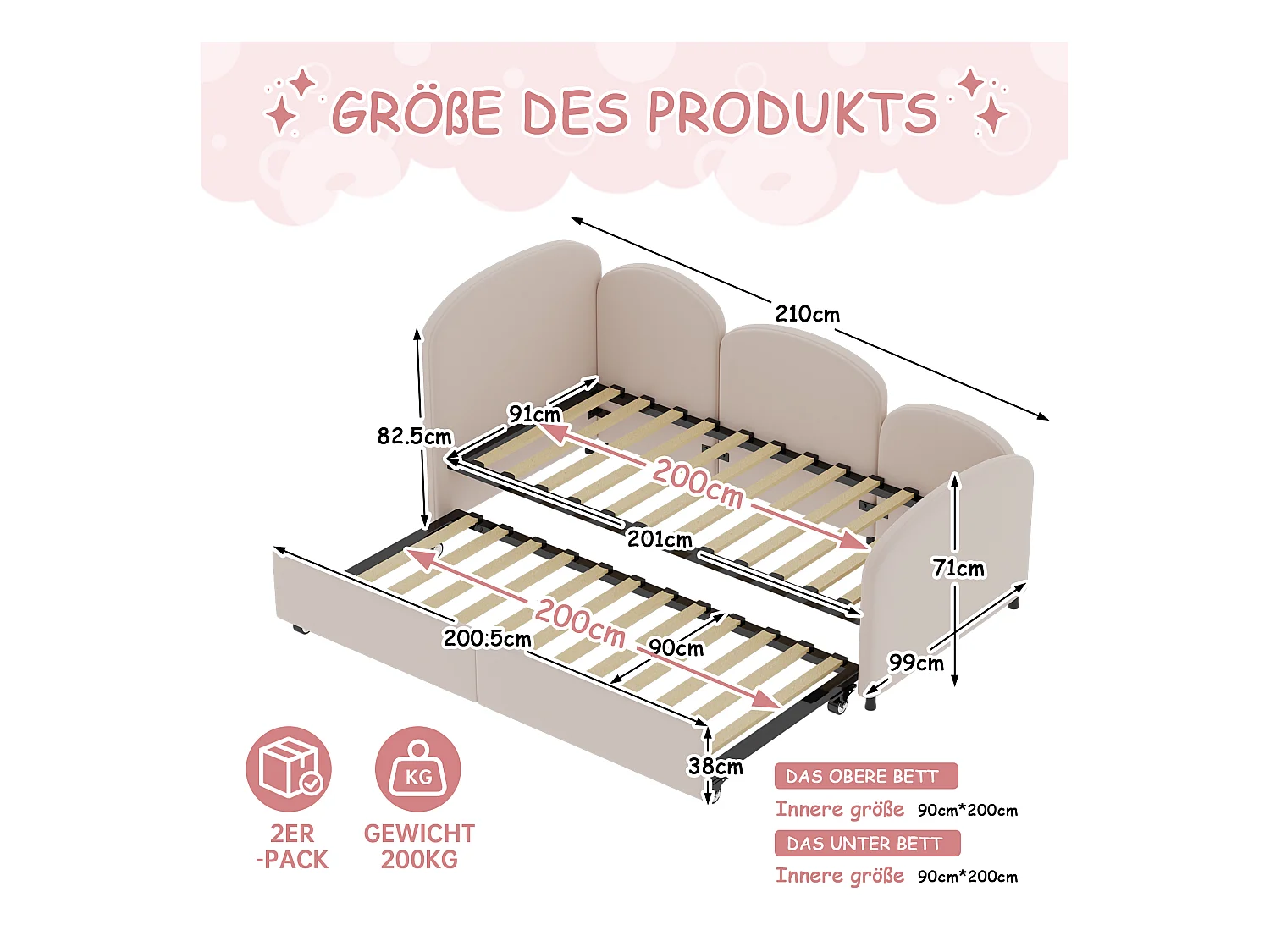 Lit enfant 90x200cm avec lit gigogne en velours, Sommier à lattes, sans matelas, rose clair