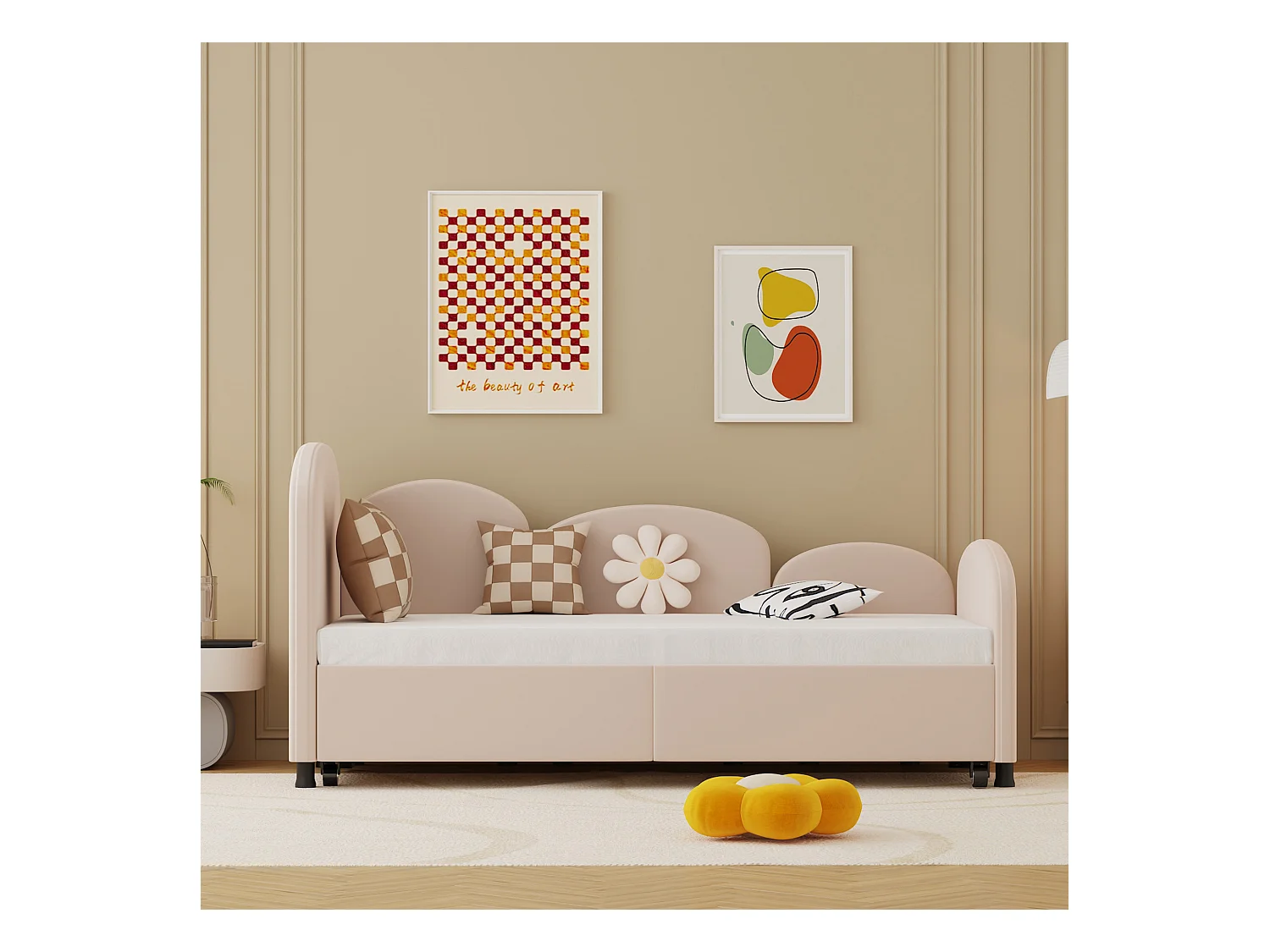 Lit enfant 90x200cm avec lit gigogne en velours, Sommier à lattes, sans matelas, rose clair