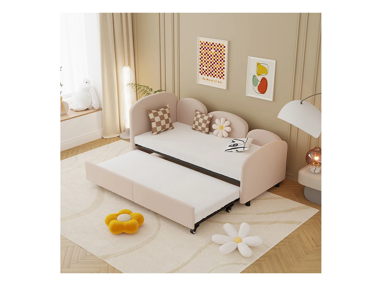 Lit enfant 90x200cm avec lit gigogne en velours, Sommier à lattes, sans matelas, rose clair