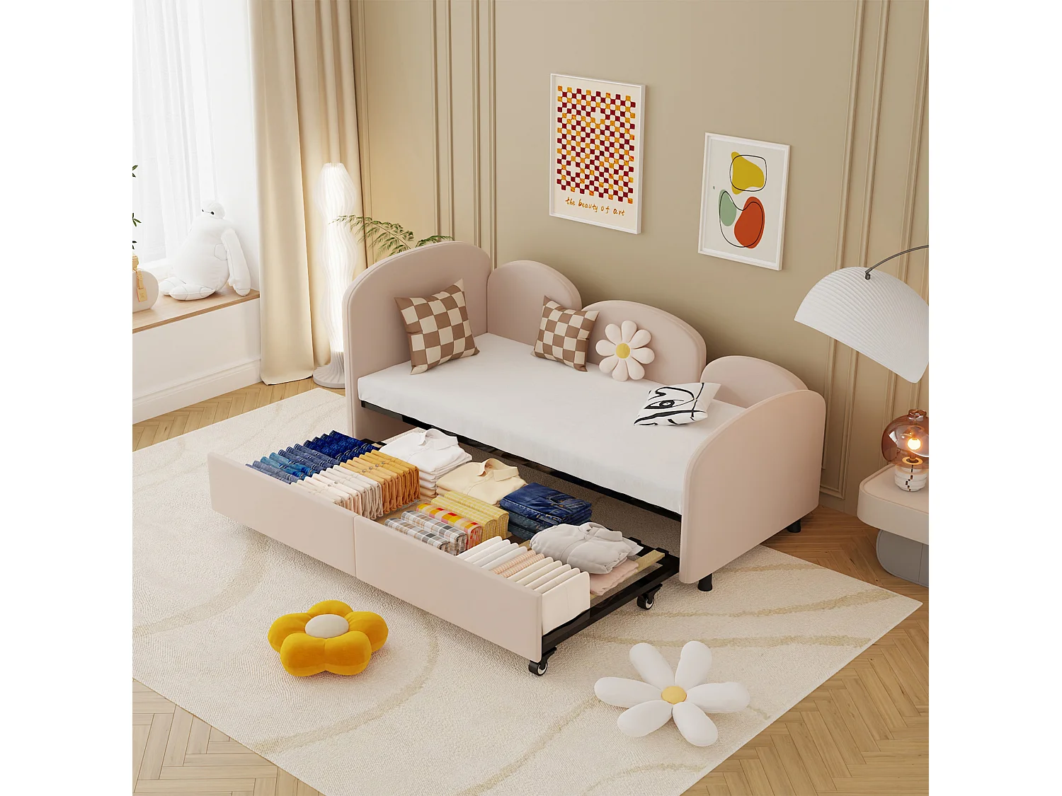 Lit enfant 90x200cm avec lit gigogne en velours, Sommier à lattes, sans matelas, rose clair