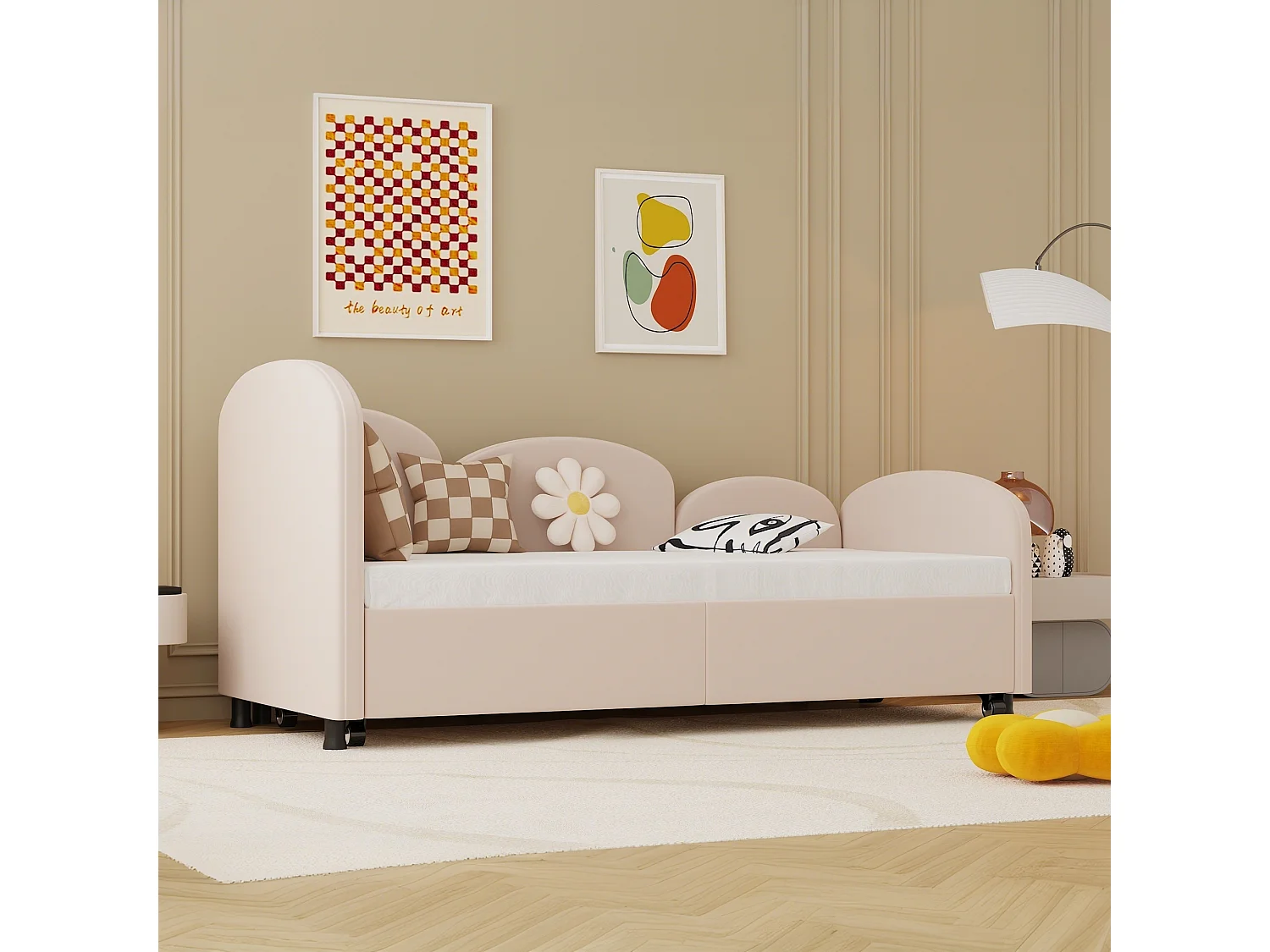 Lit enfant 90x200cm avec lit gigogne en velours, Sommier à lattes, sans matelas, rose clair