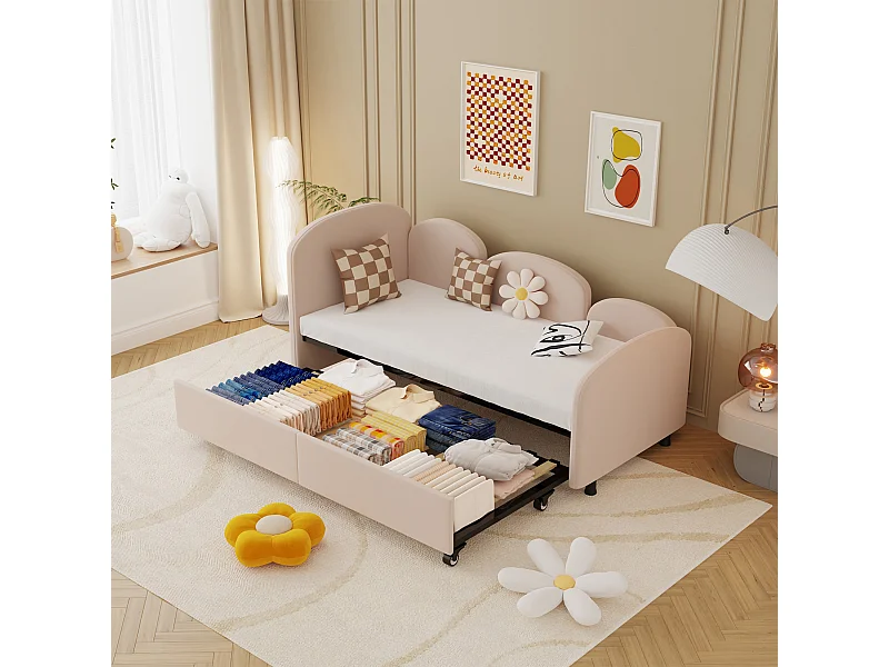 Cama infantil 90x200 cm com cama auxiliar em veludo, estrado de ripas, sem colchão, rosa claro