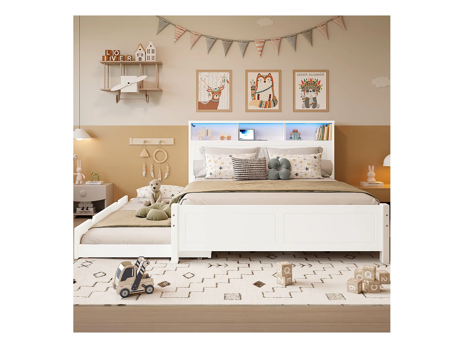 Lit enfant 120x200cm avec lit gigogne 90x190cm blanc avec LED + 2 ports de type A, pin + MDF, sans matelas
