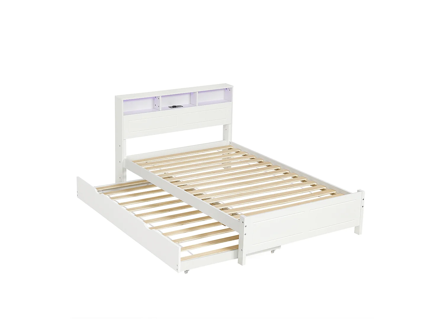 Lit enfant 120x200cm avec lit gigogne 90x190cm blanc avec LED + 2 ports de type A, pin + MDF, sans matelas