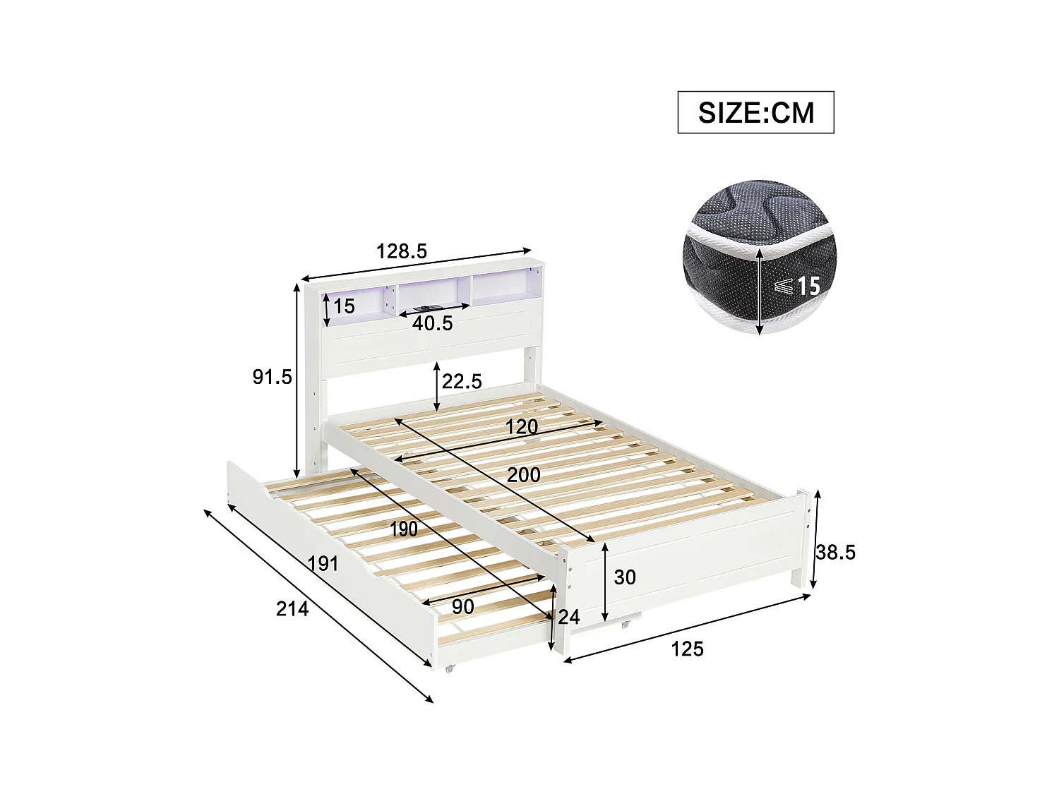 Lit enfant 120x200cm avec lit gigogne 90x190cm blanc avec LED + 2 ports de type A, pin + MDF, sans matelas