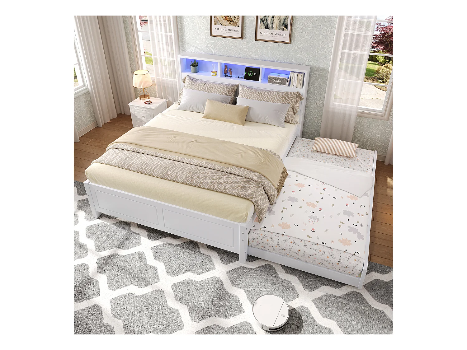 Lit enfant 120x200cm avec lit gigogne 90x190cm blanc avec LED + 2 ports de type A, pin + MDF, sans matelas