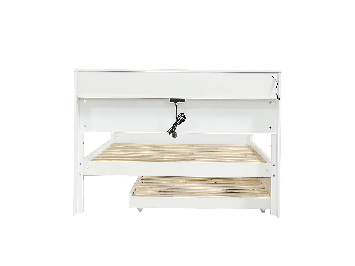 Lit enfant 120x200cm avec lit gigogne 90x190cm blanc avec LED + 2 ports de type A, pin + MDF, sans matelas