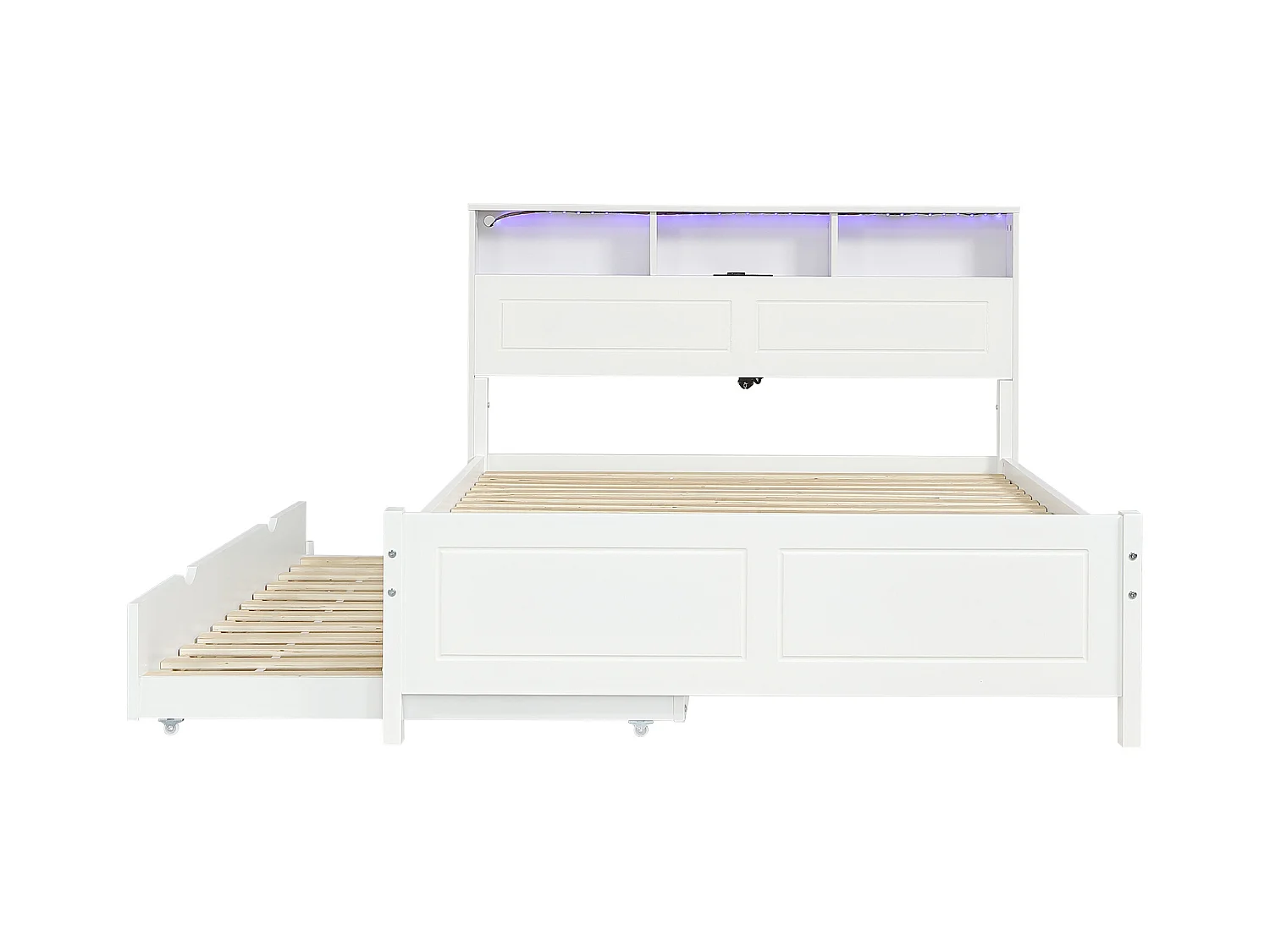 Lit enfant 120x200cm avec lit gigogne 90x190cm blanc avec LED + 2 ports de type A, pin + MDF, sans matelas