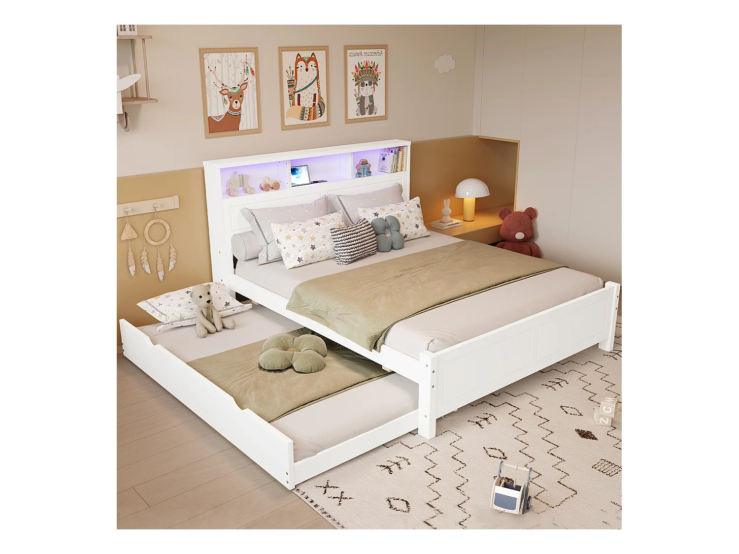 Lit enfant 120x200cm avec lit gigogne 90x190cm blanc avec LED + 2 ports de type A, pin + MDF, sans matelas