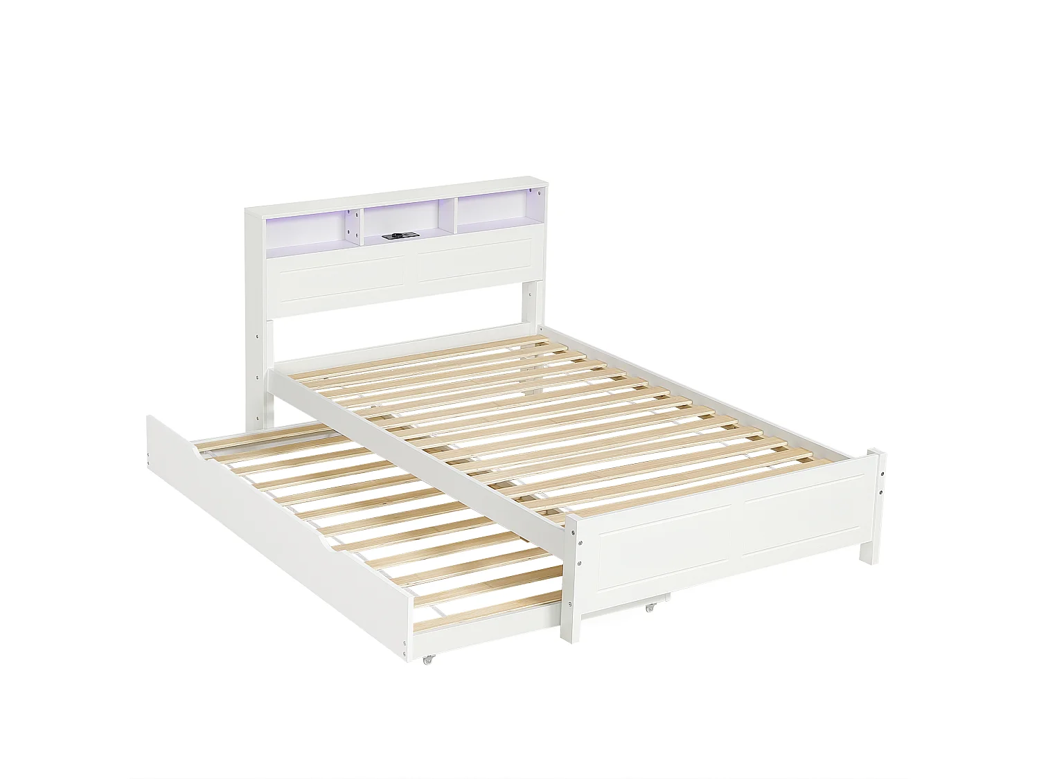 Kinderbed 120x200 cm met uitschuifbed 90x190 cm, wit met LED + 2 USB type A-poorten, grenen + MDF, zonder matras