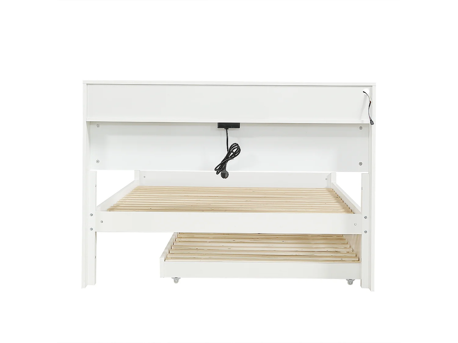 Kinderbed 120x200 cm met uitschuifbed 90x190 cm, wit met LED + 2 USB type A-poorten, grenen + MDF, zonder matras