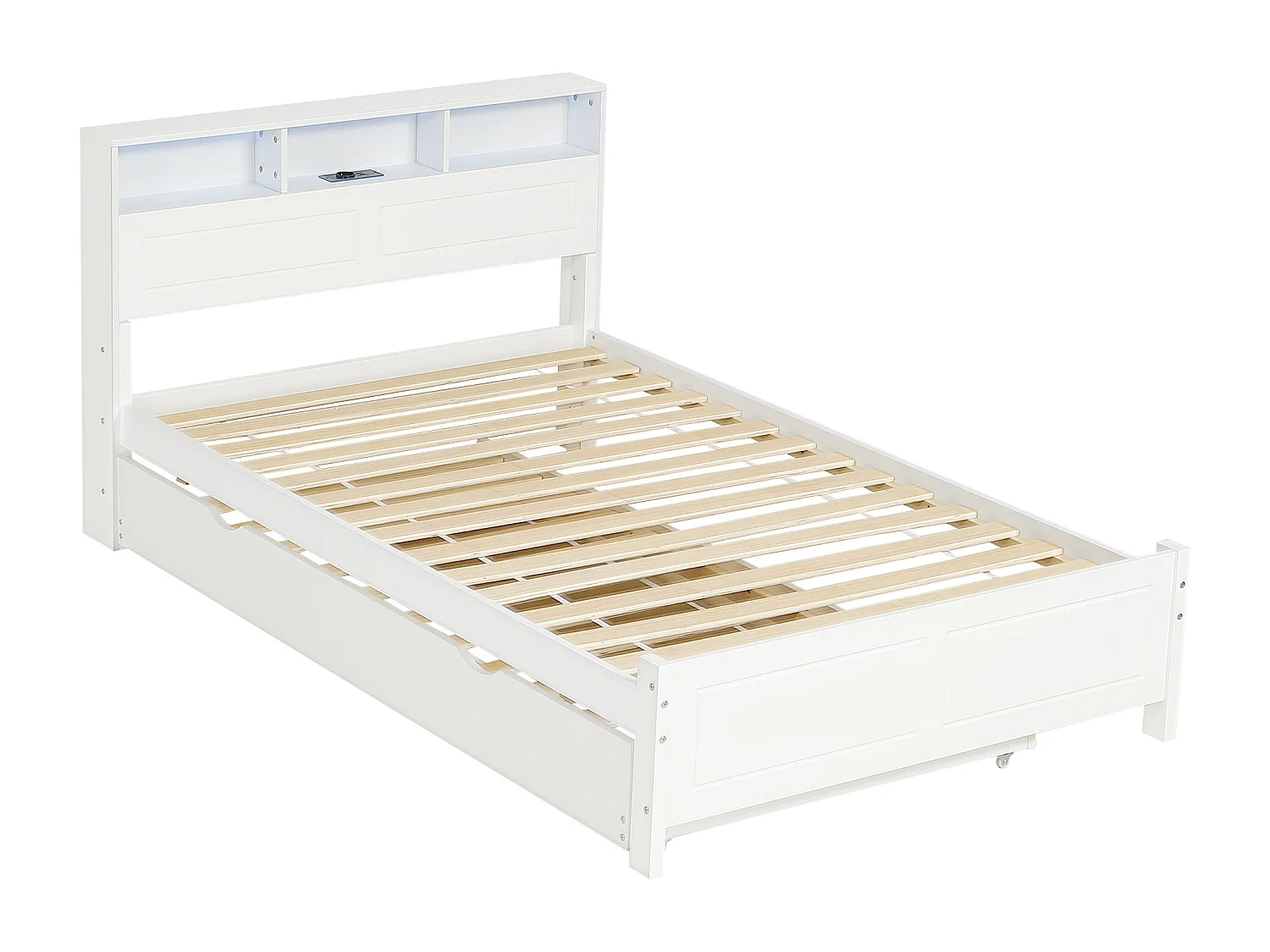 Kinderbed 120x200 cm met uitschuifbed 90x190 cm, wit met LED + 2 USB type A-poorten, grenen + MDF, zonder matras