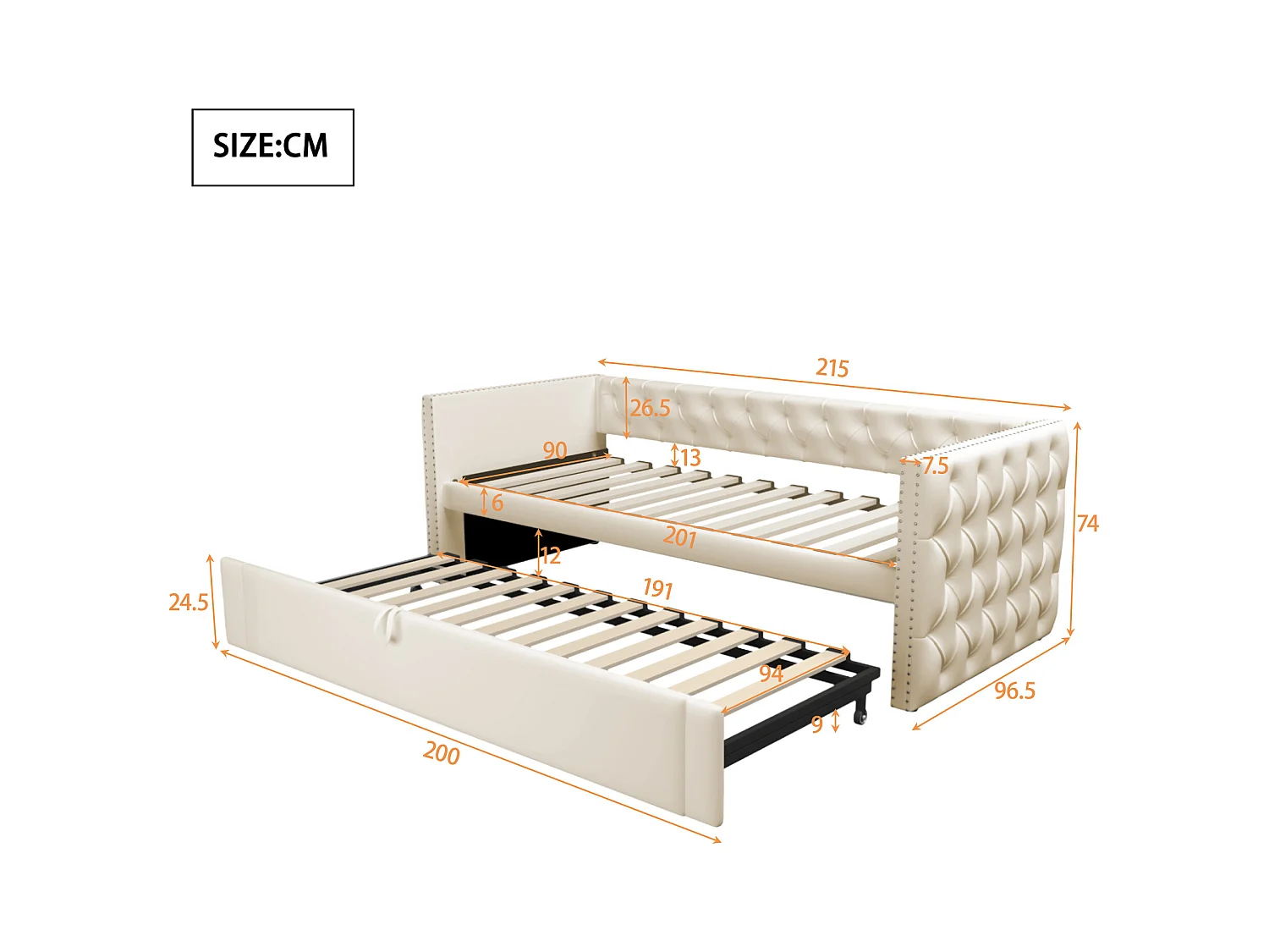 Lit banquette enfant 90x200 cm, lit gigogne en velours, sans matelas, beige