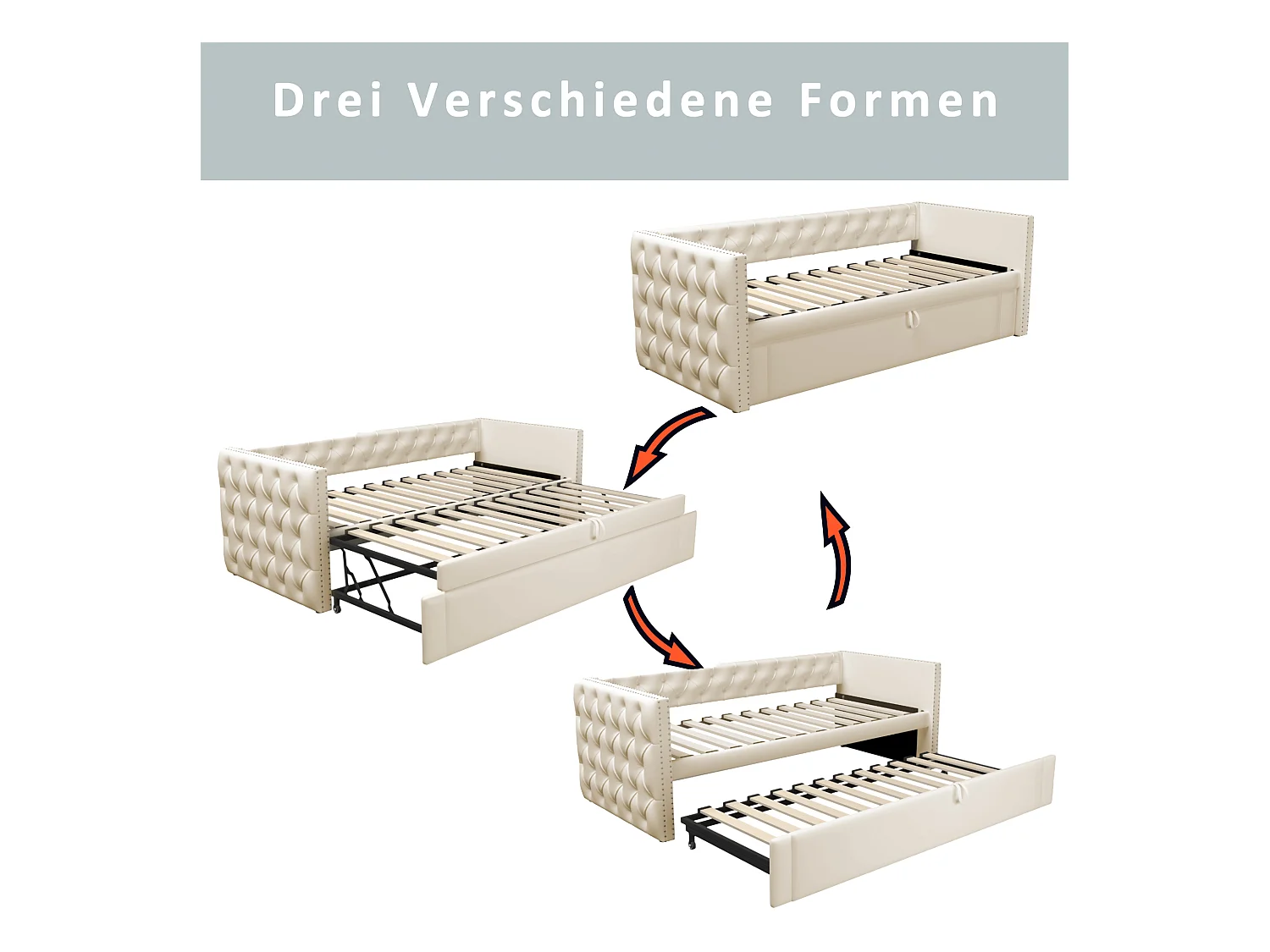 Lit banquette enfant 90x200 cm, lit gigogne en velours, sans matelas, beige