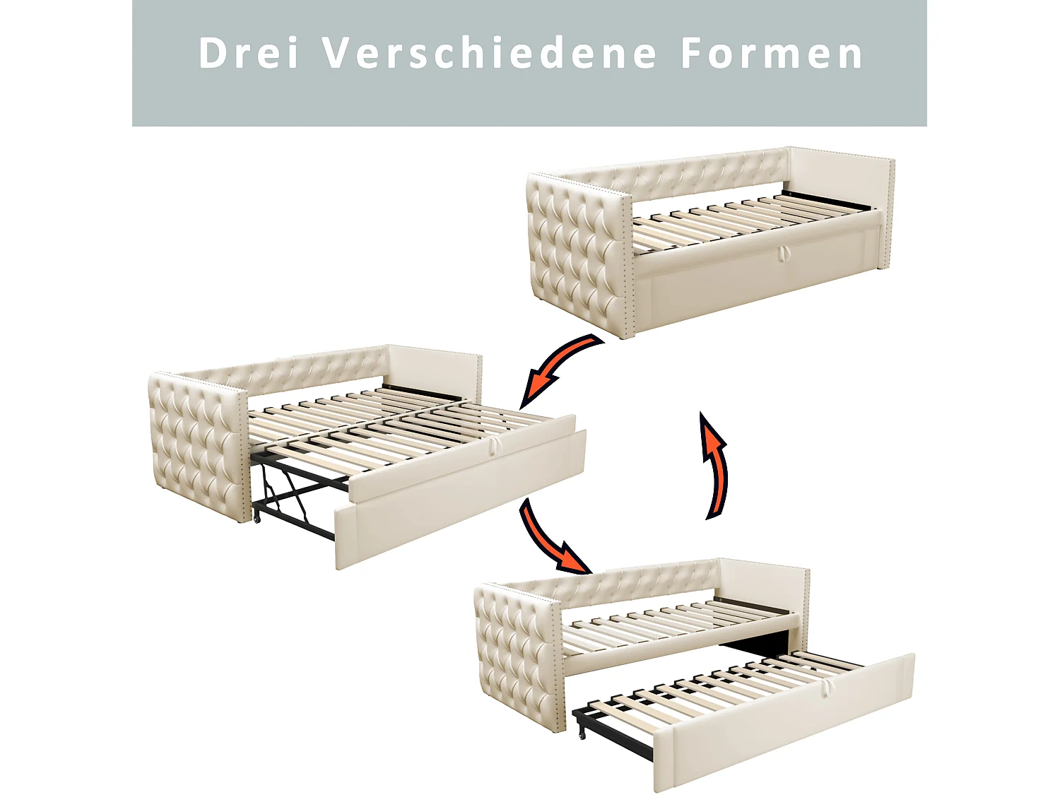 Lit banquette enfant 90x200 cm, lit gigogne en velours, sans matelas, beige