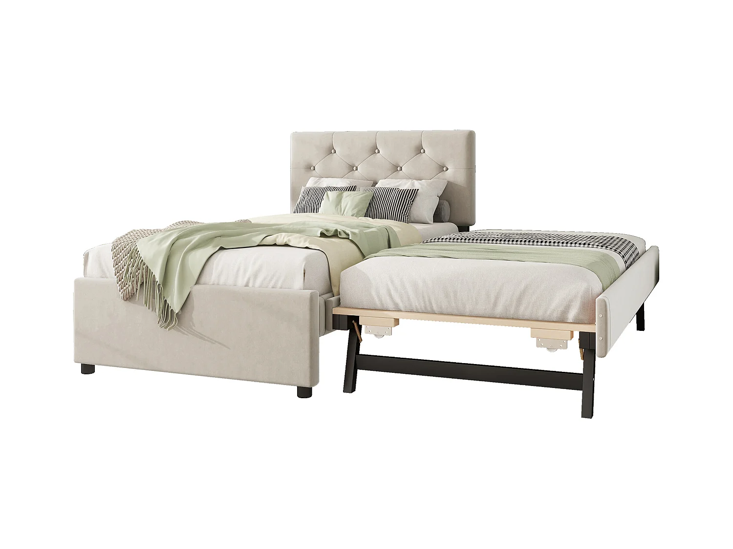 Cama acolchada 90x200 cm en terciopelo con cama nido 90x190 cm, somier de lamas, cama infantil beige, sin colchón