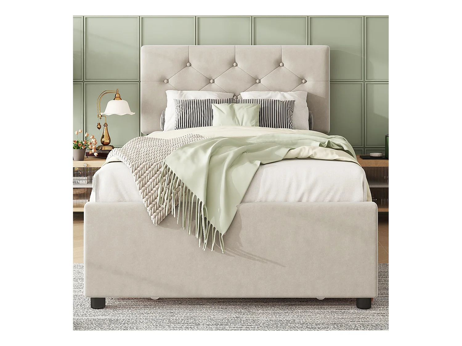 Cama acolchada 90x200 cm en terciopelo con cama nido 90x190 cm, somier de lamas, cama infantil beige, sin colchón