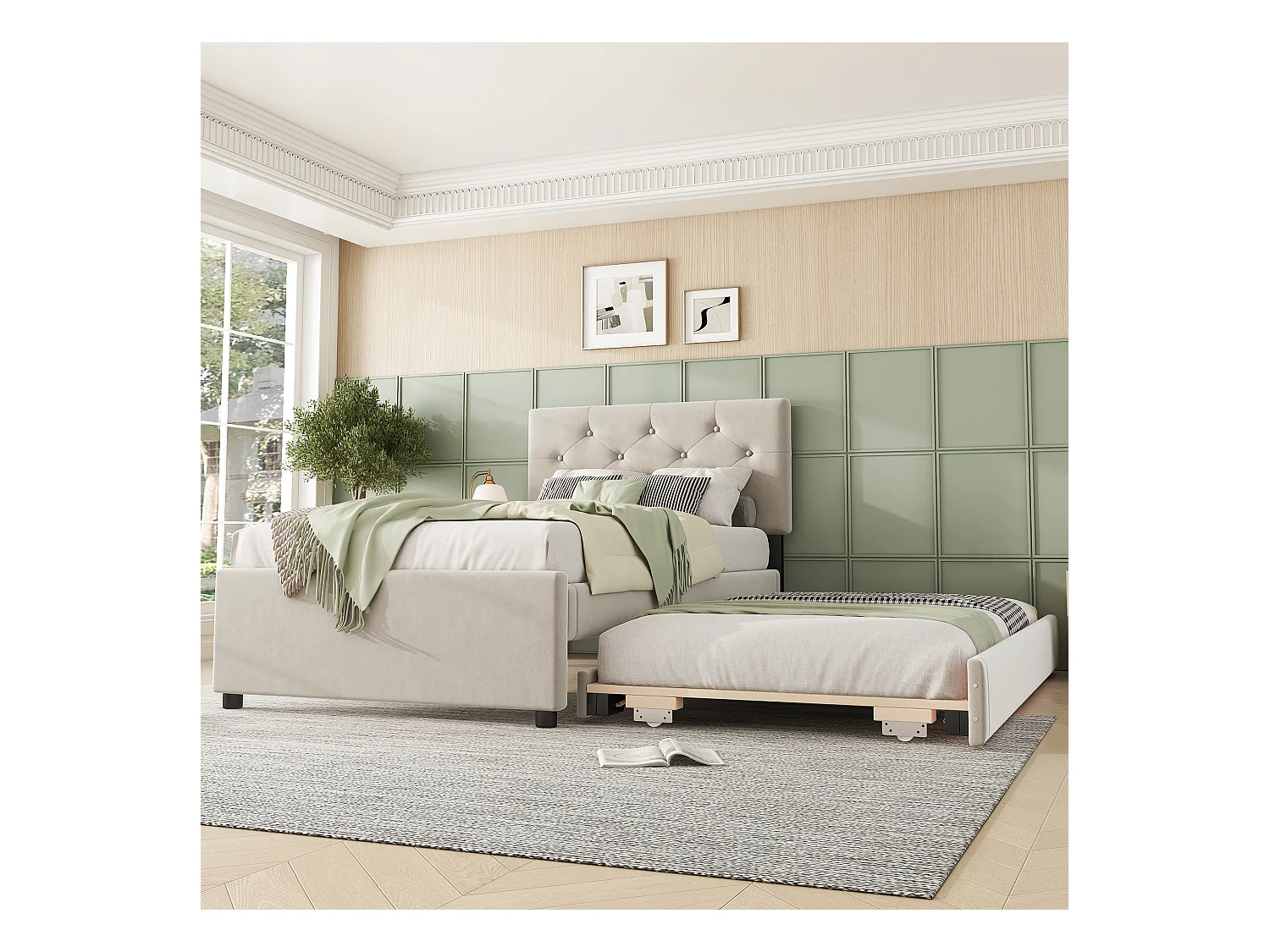 Cama acolchada 90x200 cm en terciopelo con cama nido 90x190 cm, somier de lamas, cama infantil beige, sin colchón