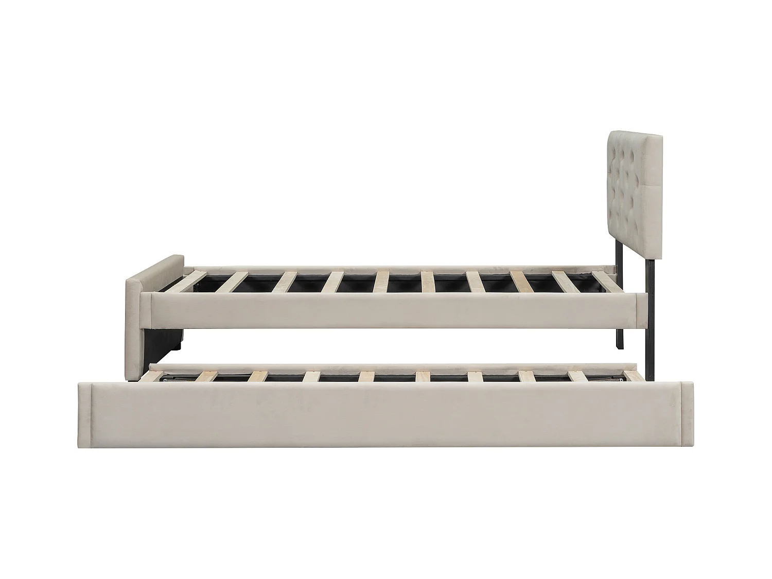 Cama acolchada 90x200 cm en terciopelo con cama nido 90x190 cm, somier de lamas, cama infantil beige, sin colchón