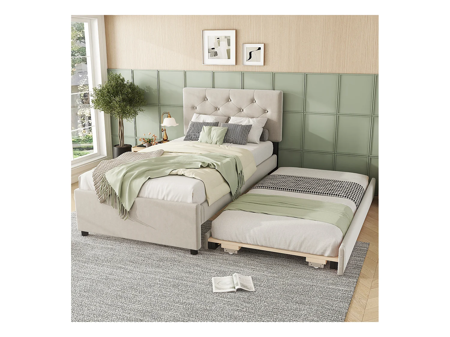 Gestoffeerd bed 90x200 cm in velvet met uitschuifbed 90x190 cm, lattenbodem, kinderbed beige, zonder matras