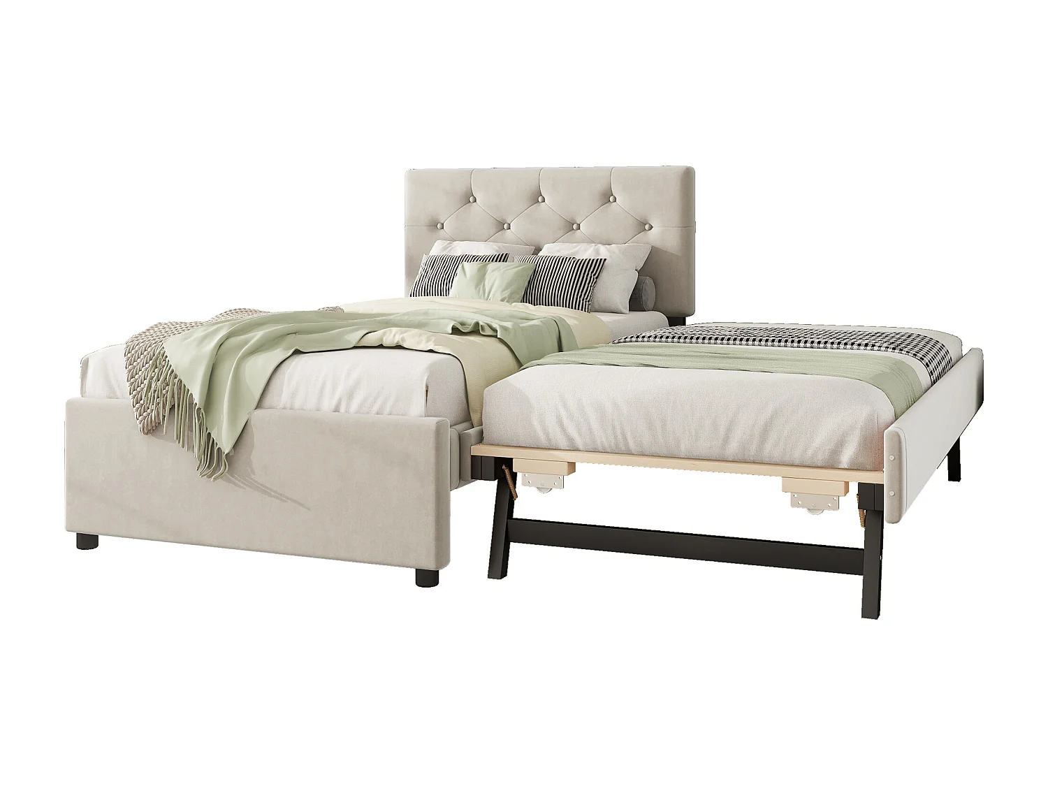 Letto imbottito 90x200 cm in velluto con letto estraibile 90x190 cm, rete a doghe, letto per bambini beige, senza materasso