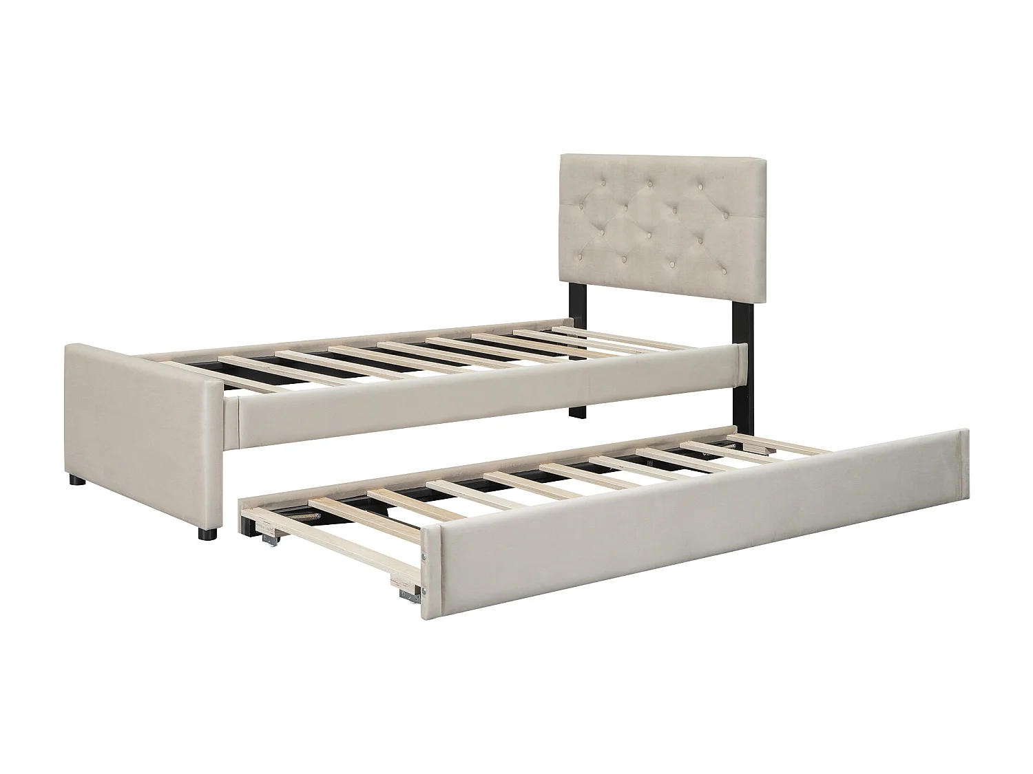 Letto imbottito 90x200 cm in velluto con letto estraibile 90x190 cm, rete a doghe, letto per bambini beige, senza materasso