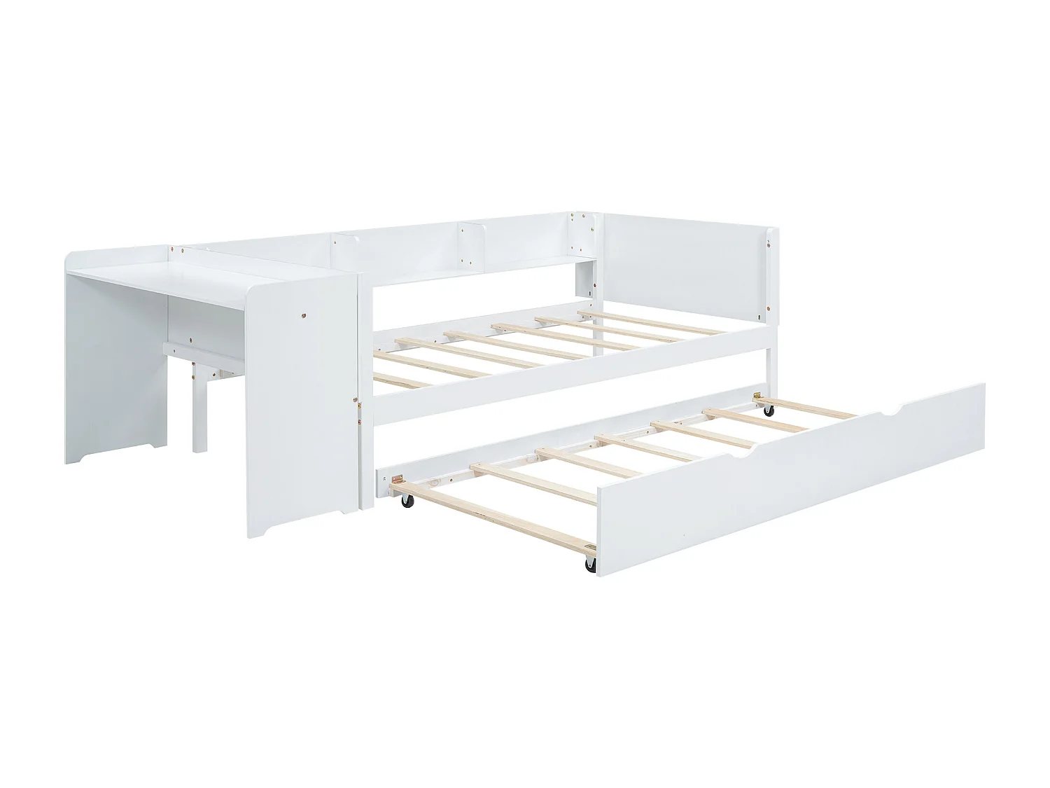 Lit enfant simple 90x200cm avec lit gigogne 90x180cm, avec bureau, 3 compartiments de rangement à côté du lit, sans matelas, blanc