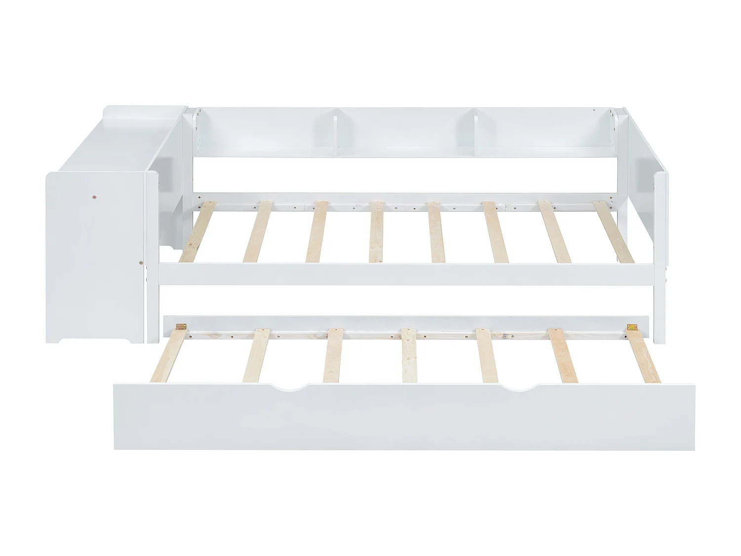 Lit enfant simple 90x200cm avec lit gigogne 90x180cm, avec bureau, 3 compartiments de rangement à côté du lit, sans matelas, blanc