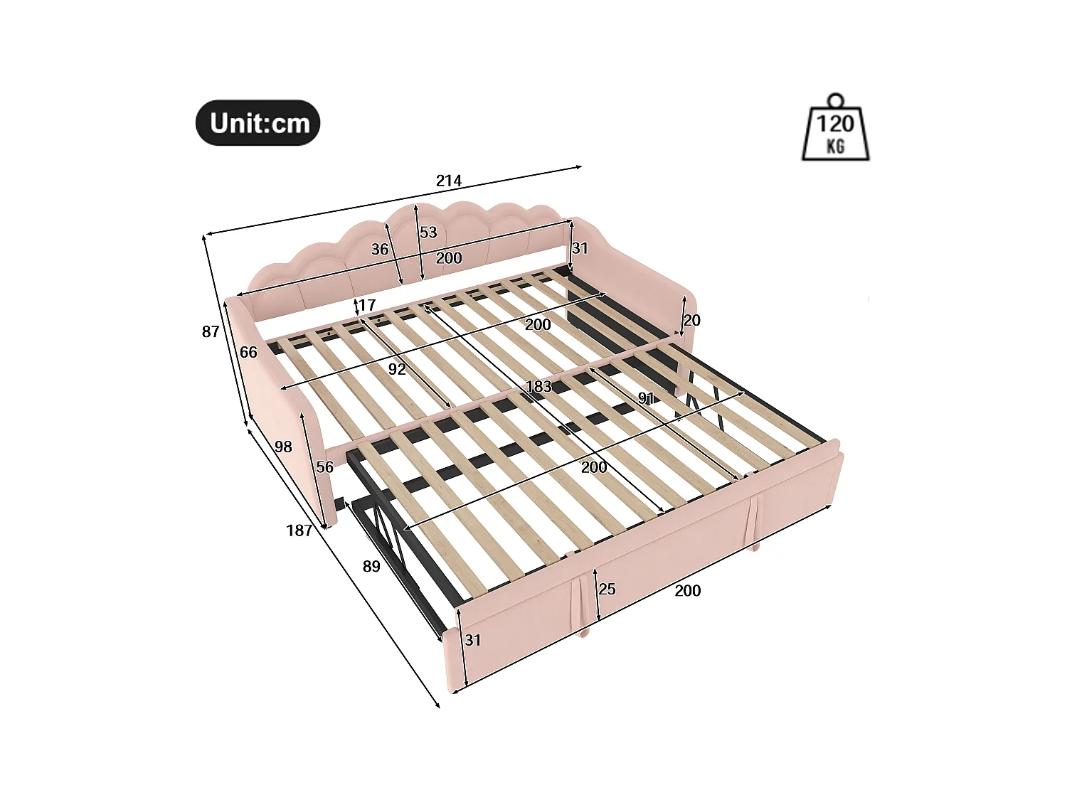 Uitklapbed voor kinderen 90x200 cm met LED, om te bouwen tot volwassenenbed 180x200 cm, fluweel, roze, zonder matras