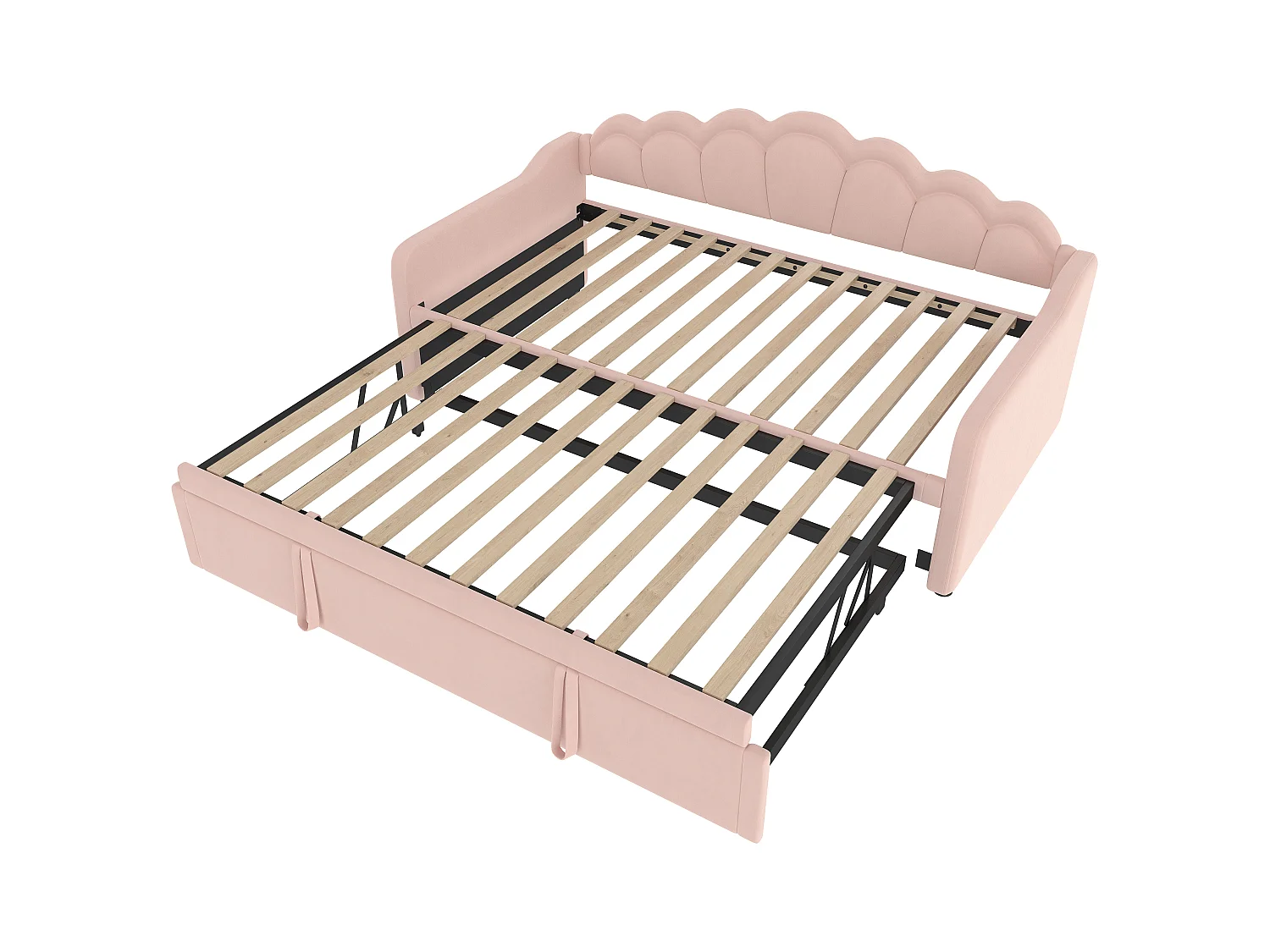 Uitklapbed voor kinderen 90x200 cm met LED, om te bouwen tot volwassenenbed 180x200 cm, fluweel, roze, zonder matras