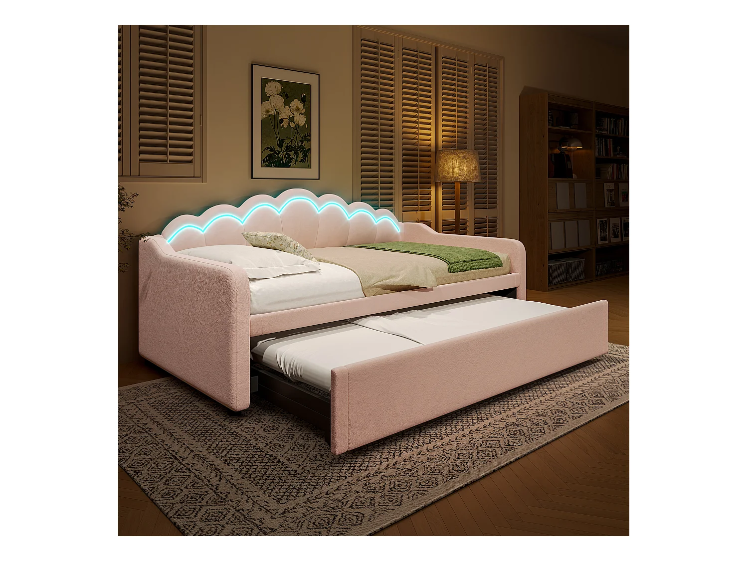 Cama nido infantil 90x200 cm con LED convertible en cama para adultos 180x200 cm, terciopelo, rosa, sin colchón