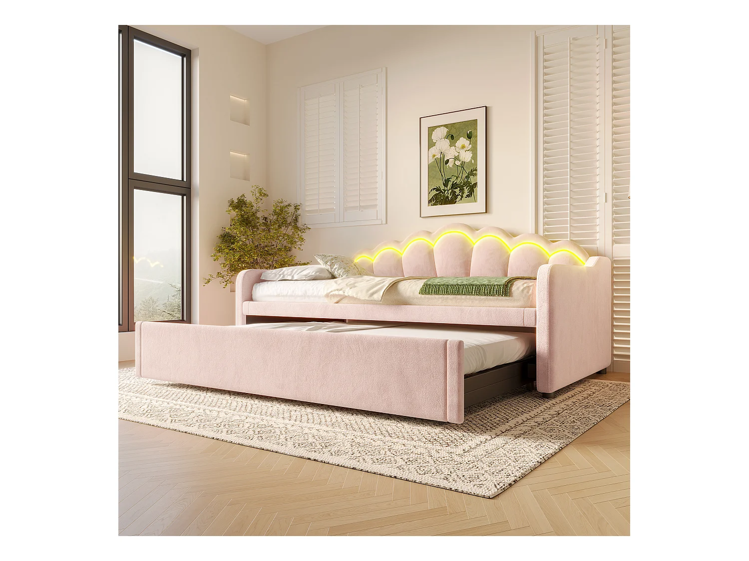 Lit enfant gigogne 90x200cm avec LED Convertible en lit adulte 180x200cm, velours, rose, sans matelas