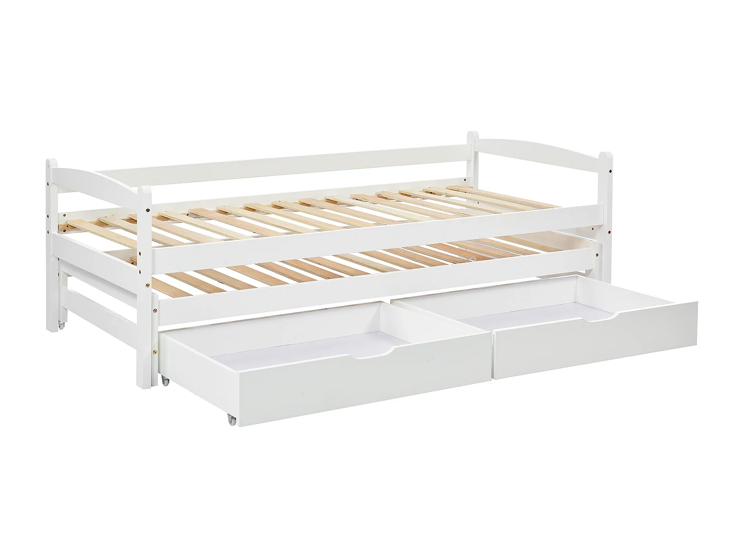 Slaapbank 90x200 cm met uitschuifbed 90x190 cm en 2 opberglades, zonder matras, van MDF, wit