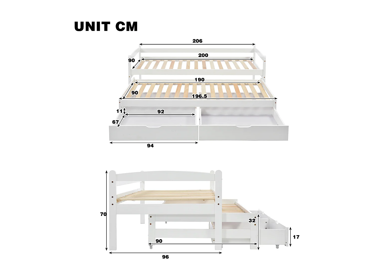 Slaapbank 90x200 cm met uitschuifbed 90x190 cm en 2 opberglades, zonder matras, van MDF, wit