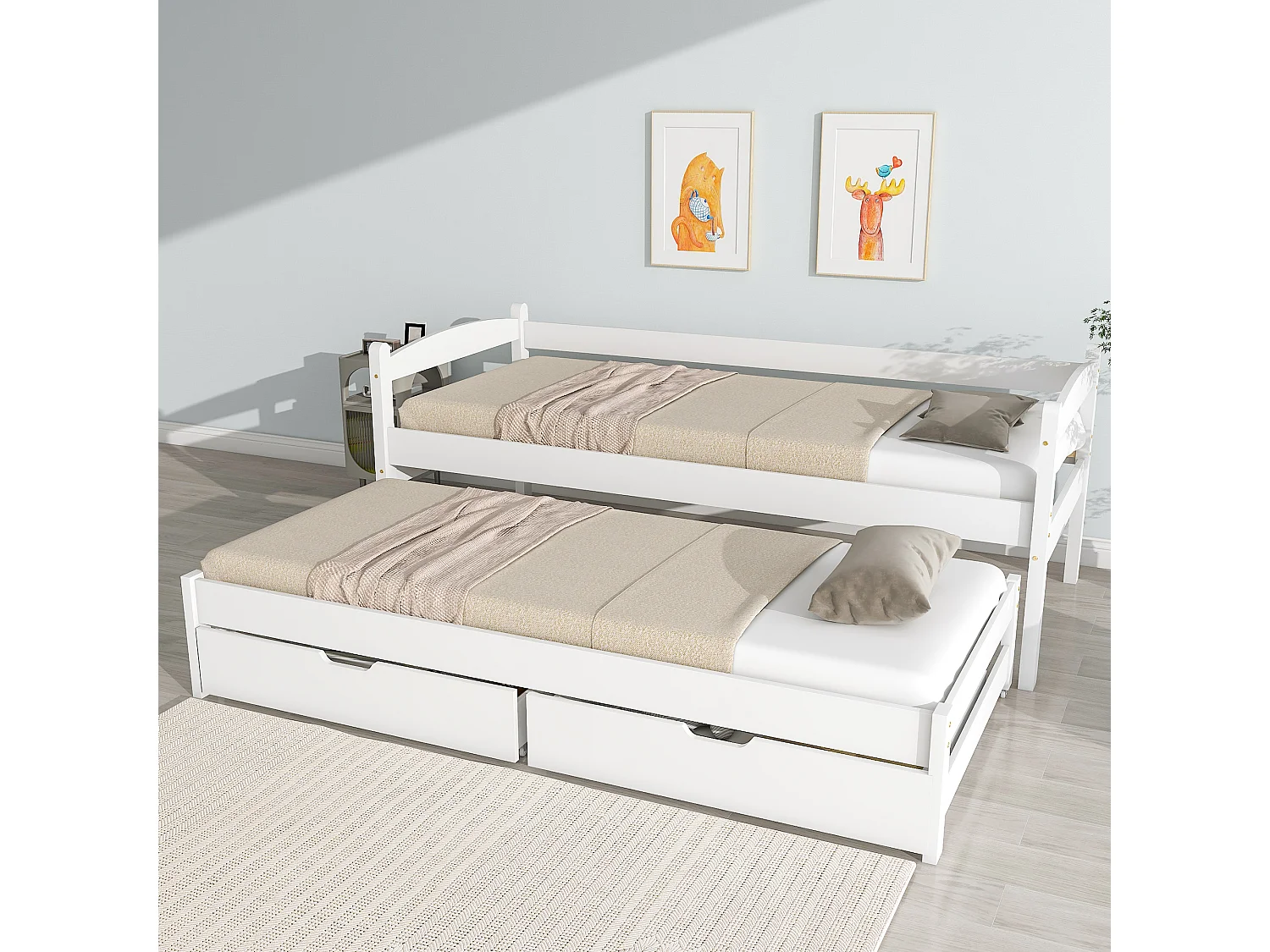 Slaapbank 90x200 cm met uitschuifbed 90x190 cm en 2 opberglades, zonder matras, van MDF, wit