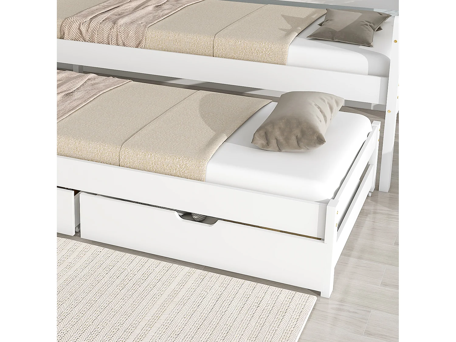 Slaapbank 90x200 cm met uitschuifbed 90x190 cm en 2 opberglades, zonder matras, van MDF, wit