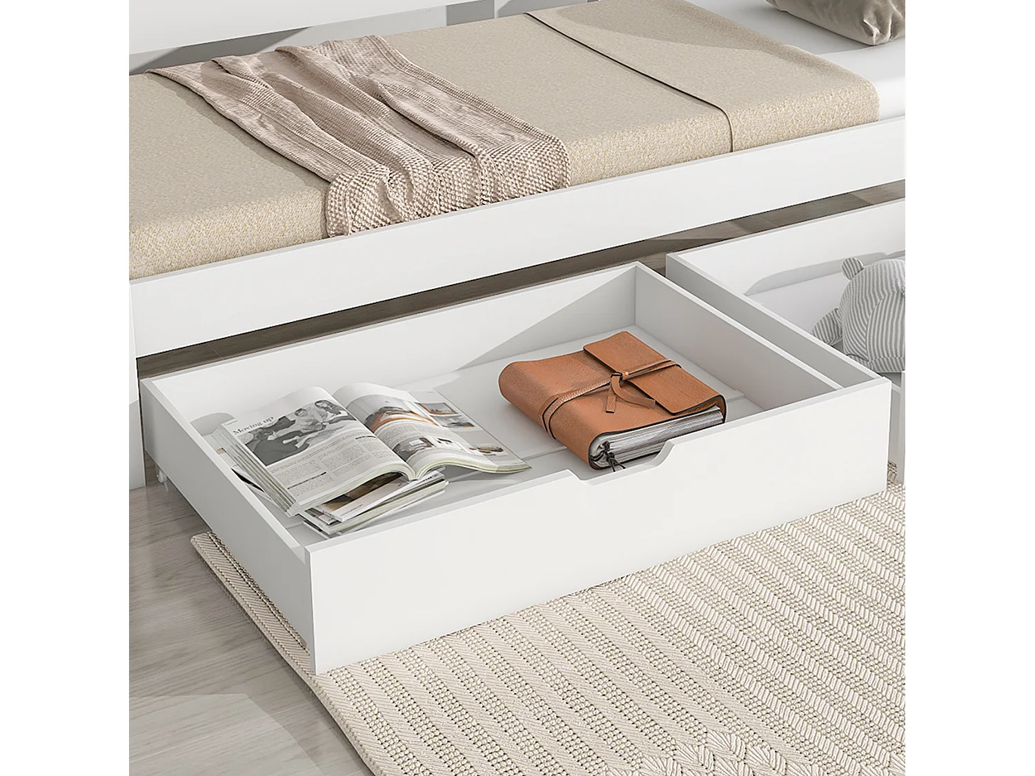 Slaapbank 90x200 cm met uitschuifbed 90x190 cm en 2 opberglades, zonder matras, van MDF, wit